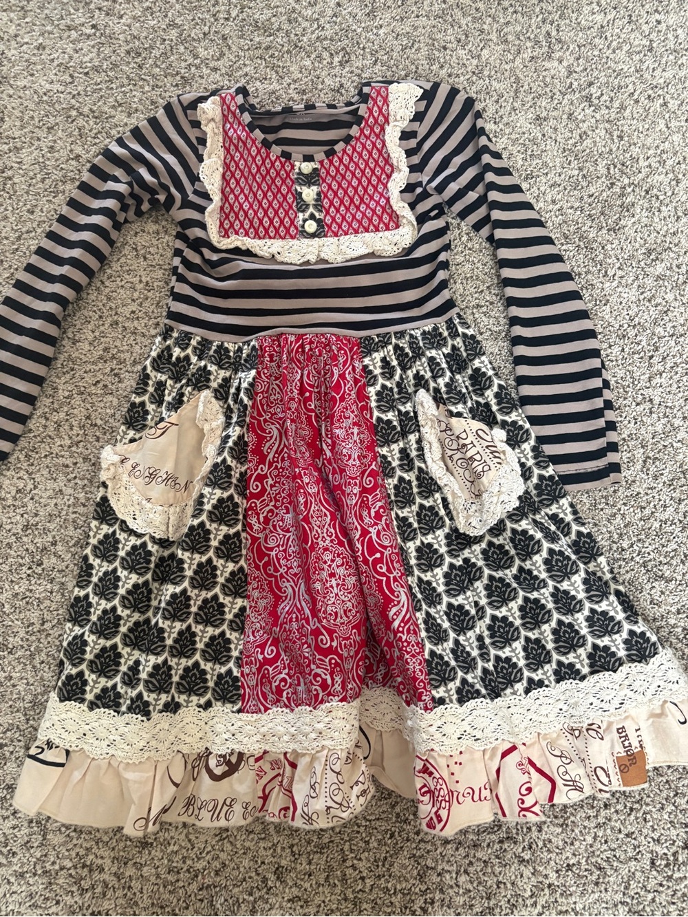 Mustard Pie Striped and Patchwork Lace-Trim Girls Dress with Red Center Panel